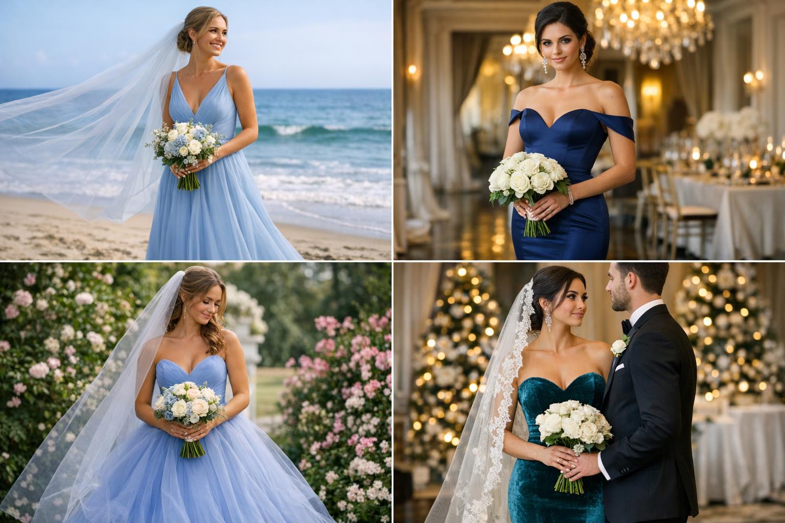 Bride in a powder blue wedding dress with flowing tulle skirt in a bright garden setting