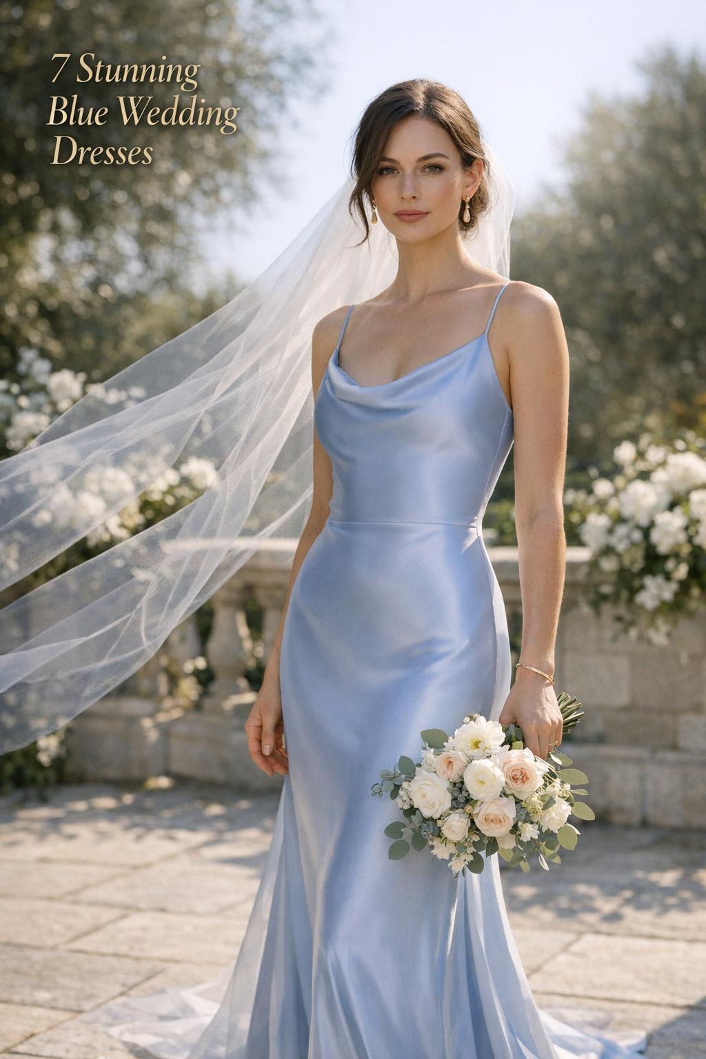 Modern bride in powder-to-periwinkle blue satin dress on a sunlit garden terrace, editorial blue wedding dresses feature