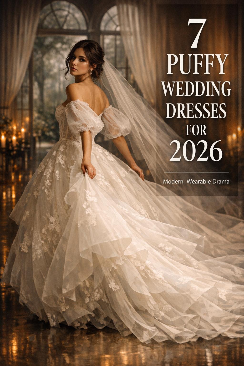 Bride twirling in a ballroom wearing puffy wedding dresses with tulle and organza skirt, lace details, and cathedral train