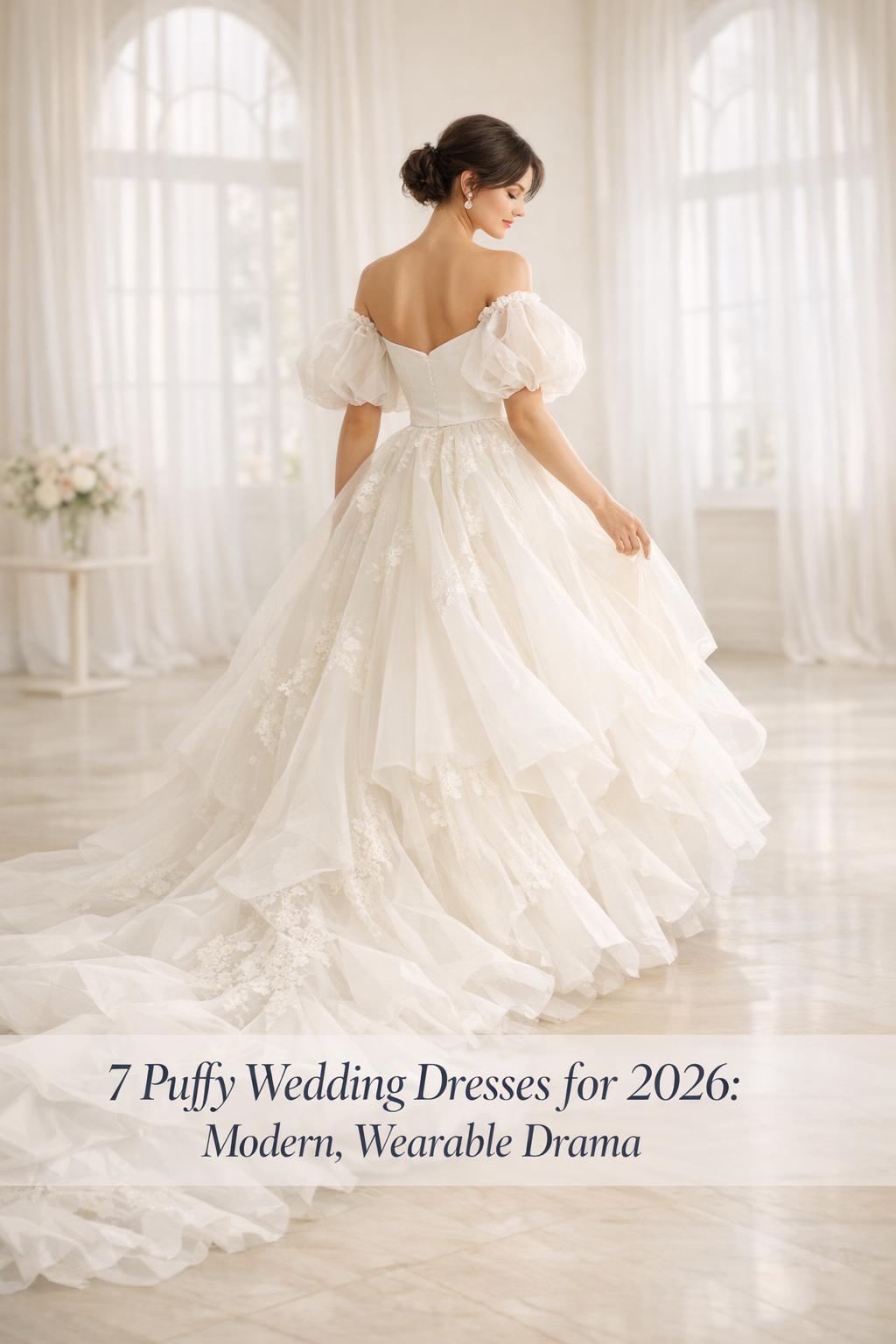 Bride in bright ballroom wearing 2026 puffy wedding dresses with layered tulle skirt and satin bodice, soft daylight
