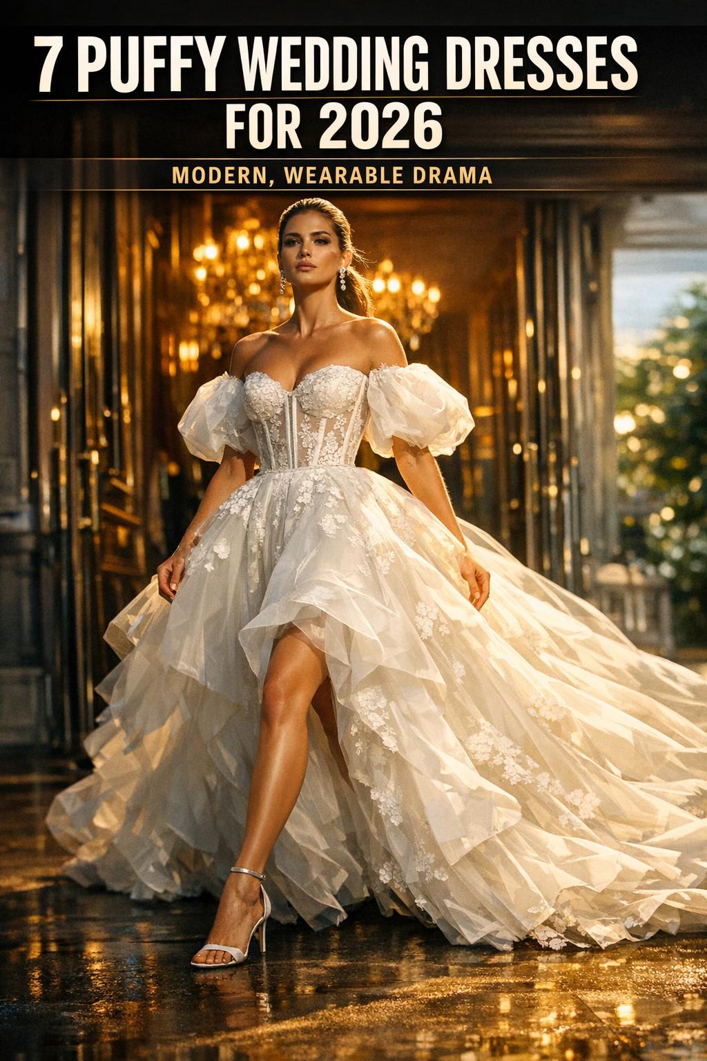Bride in puffy wedding dresses with full tulle skirt and lace bodice in a bright studio portrait