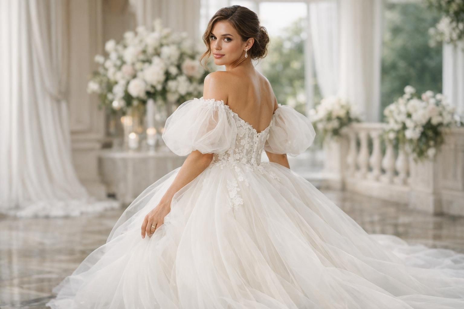 Bride in puffy wedding dresses style with layered tulle skirt and puff sleeves, standing in a bright modern bridal studio
