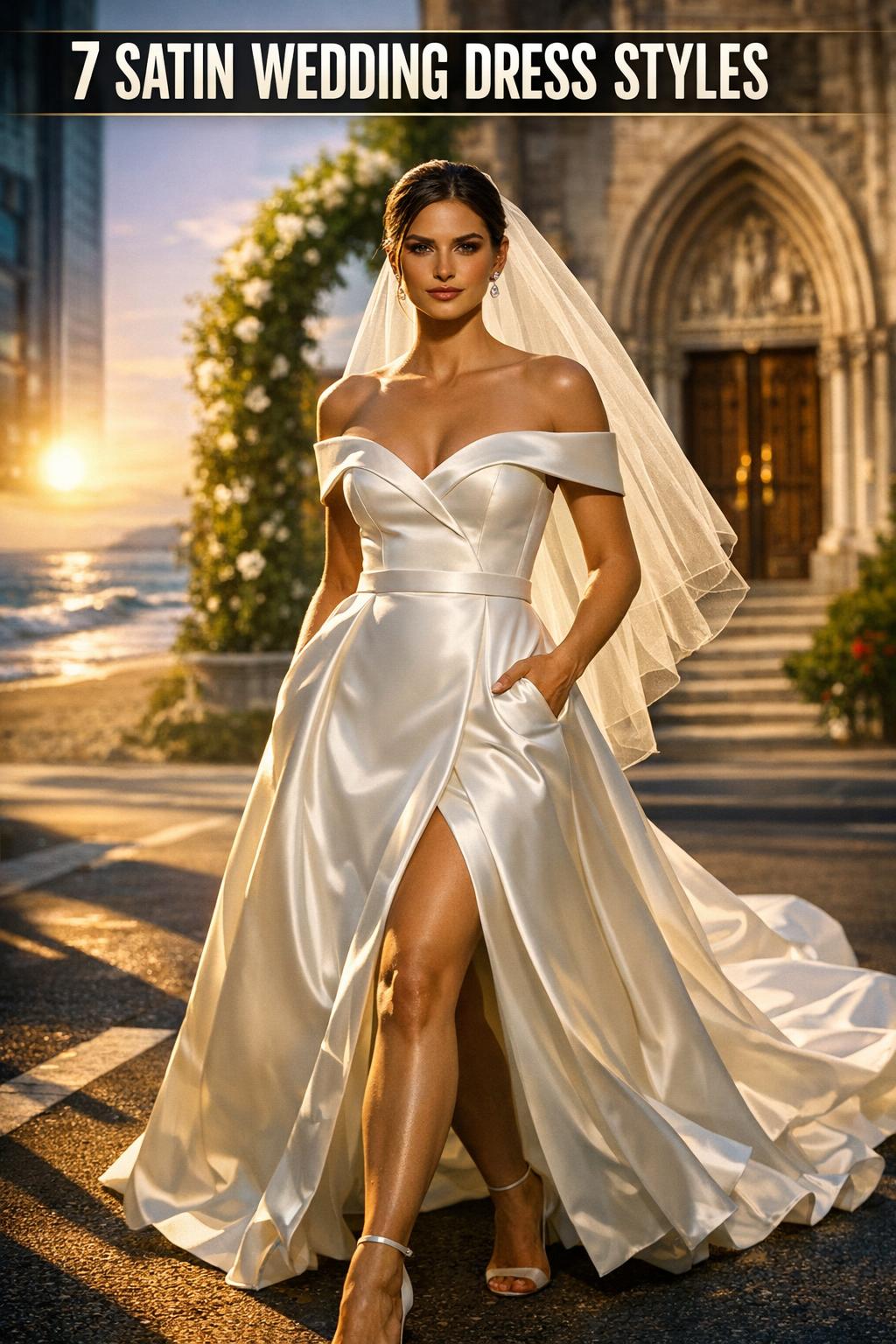 Bridal model in satin wedding dresses with a sleek fitted gown in a bright studio