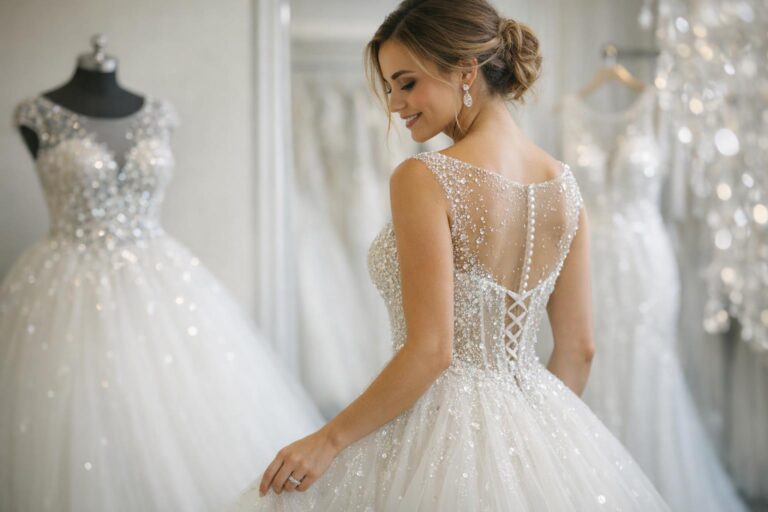Bride in sparkling crystal wedding dress with beaded bodice and tulle skirt, photographed in soft natural light