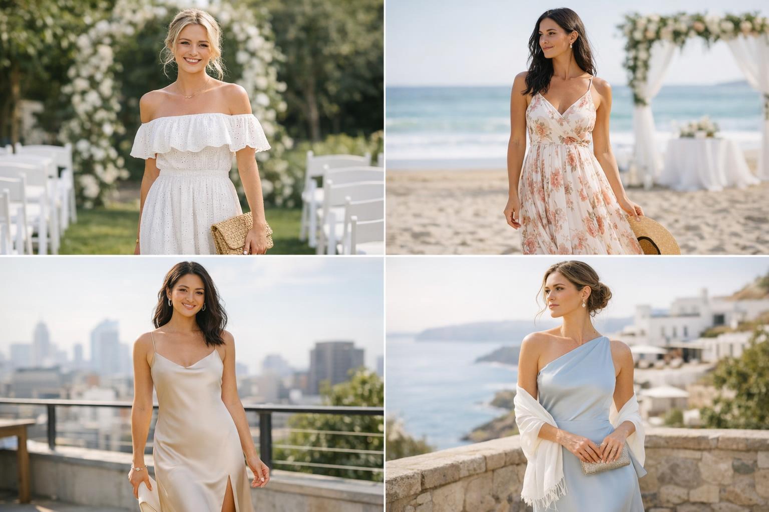 Breezy summer wedding dresses in lightweight fabrics, styled for garden and beach venues with a polished, heat-friendly look