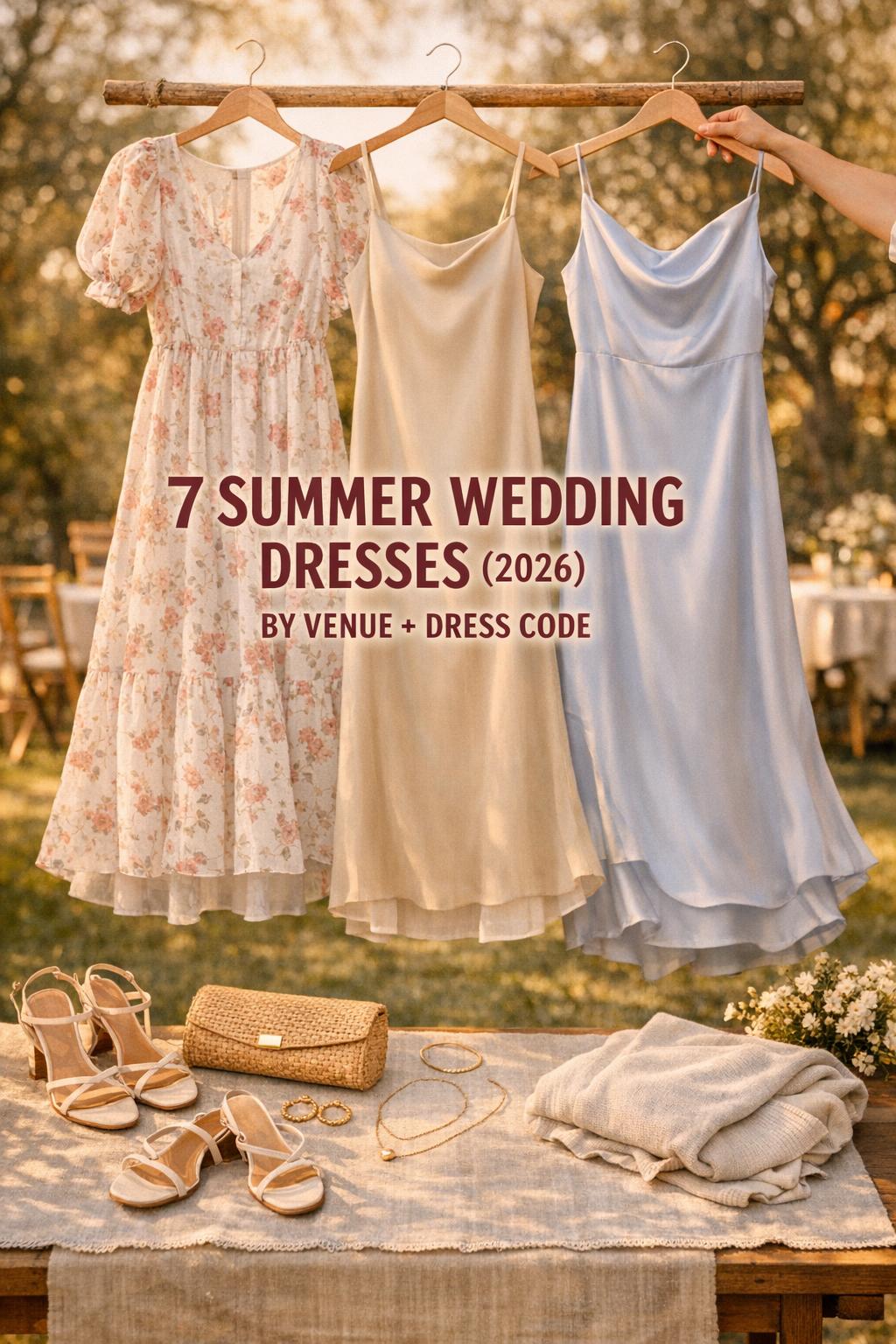 Summer wedding dresses flat lay with floral midi, champagne slip and pastel satin gown in golden-hour garden setting