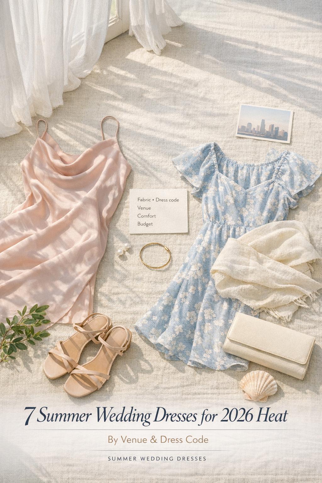 Summer wedding dresses flat lay with blush satin slip, floral midi, nude sandals, pearls, and checklist in sunlit linen