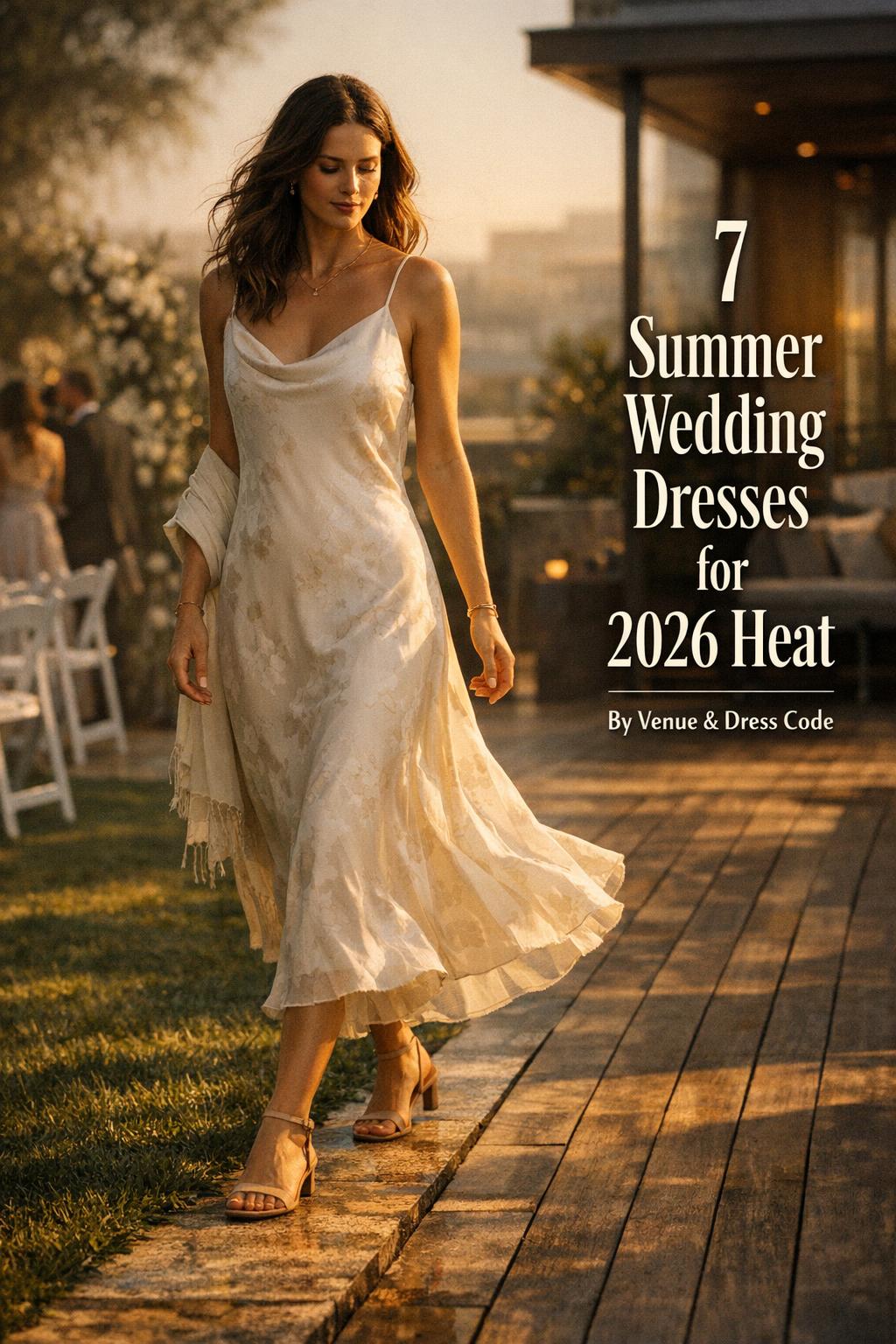 Summer wedding dresses lookbook: model in satin midi dress walking from garden lawn to rooftop terrace at golden hour