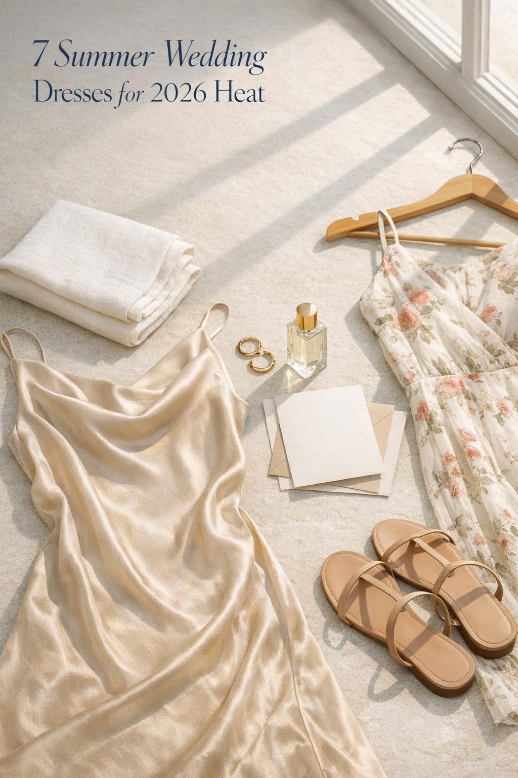 Summer wedding dresses flat lay with champagne silk slip, linen wrap, floral midi, nude sandals, and gold accessories in sunlight