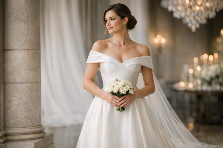 Bride in a timeless satin A-line gown with a long train, a classic wedding dresses look in elegant indoor light
