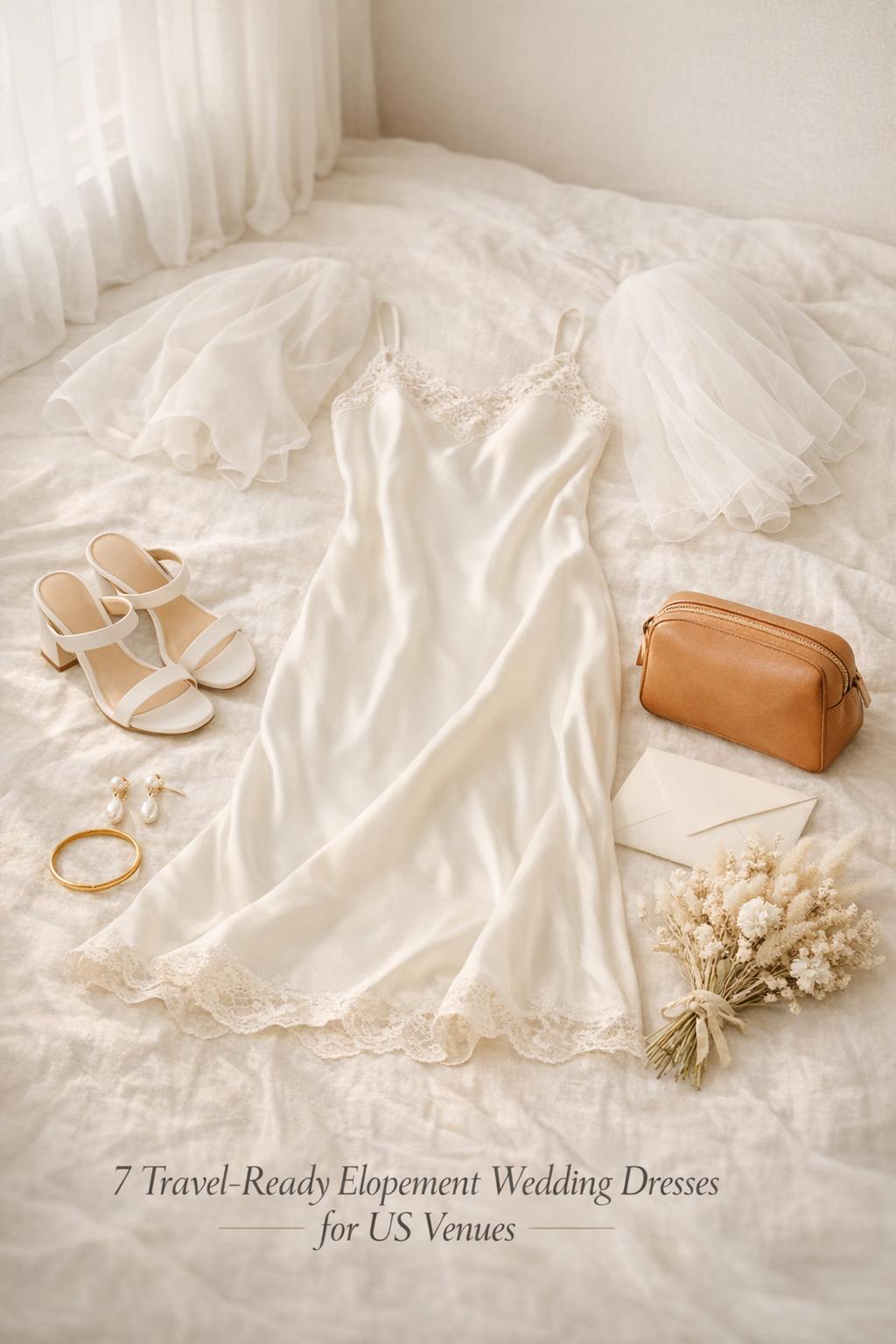 Elopement wedding dresses flat lay on sunlit linen bed with ivory slip dress, veil, sandals, pearls and neutral travel pouch