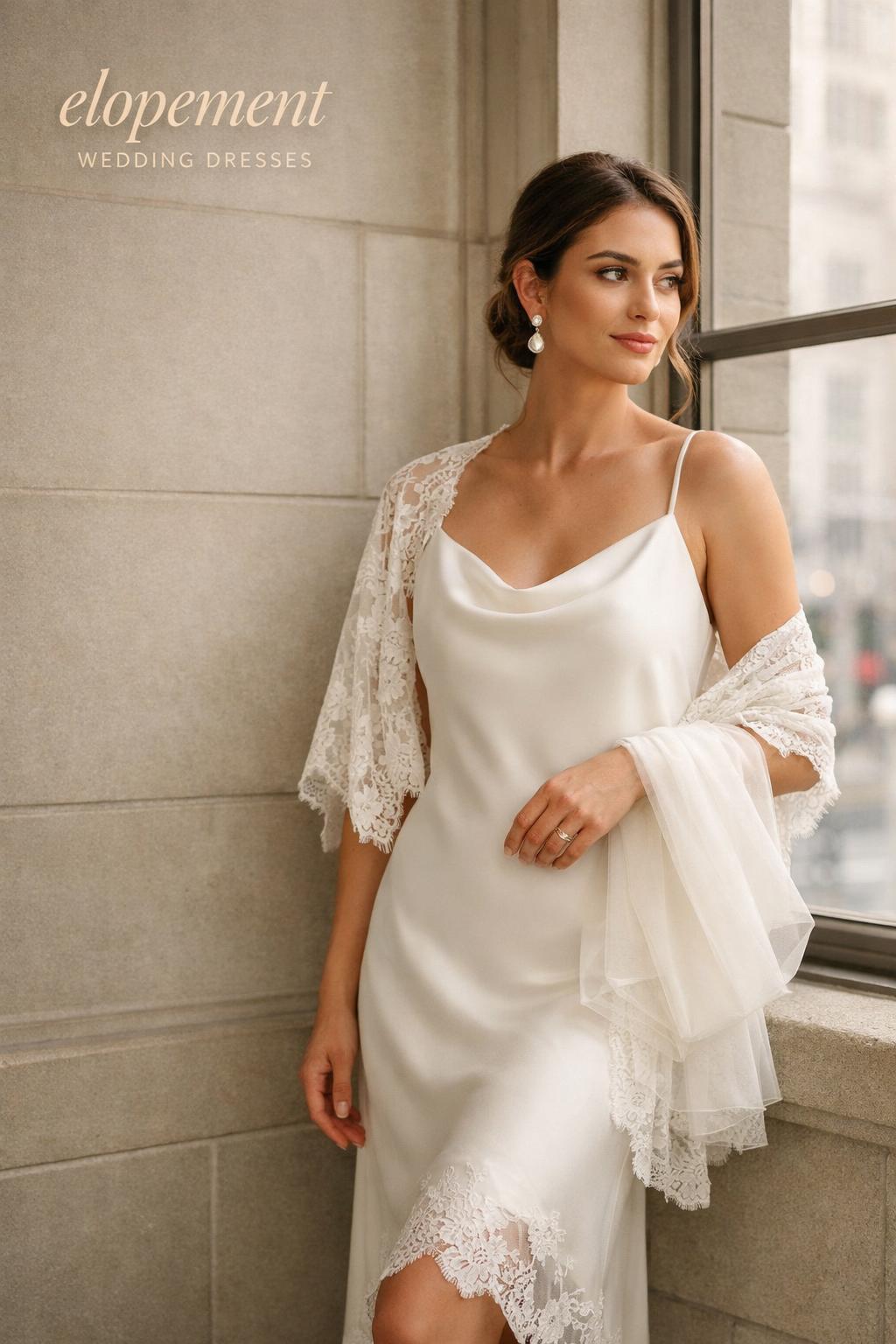 Bride in ivory slip gown by courthouse window, travel-ready elopement wedding dresses editorial photo with soft daylight