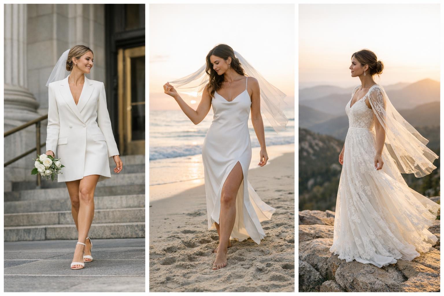 Bride holding a travel garment bag with a lightweight lace gown, showcasing elopement wedding dresses for U.S. venues