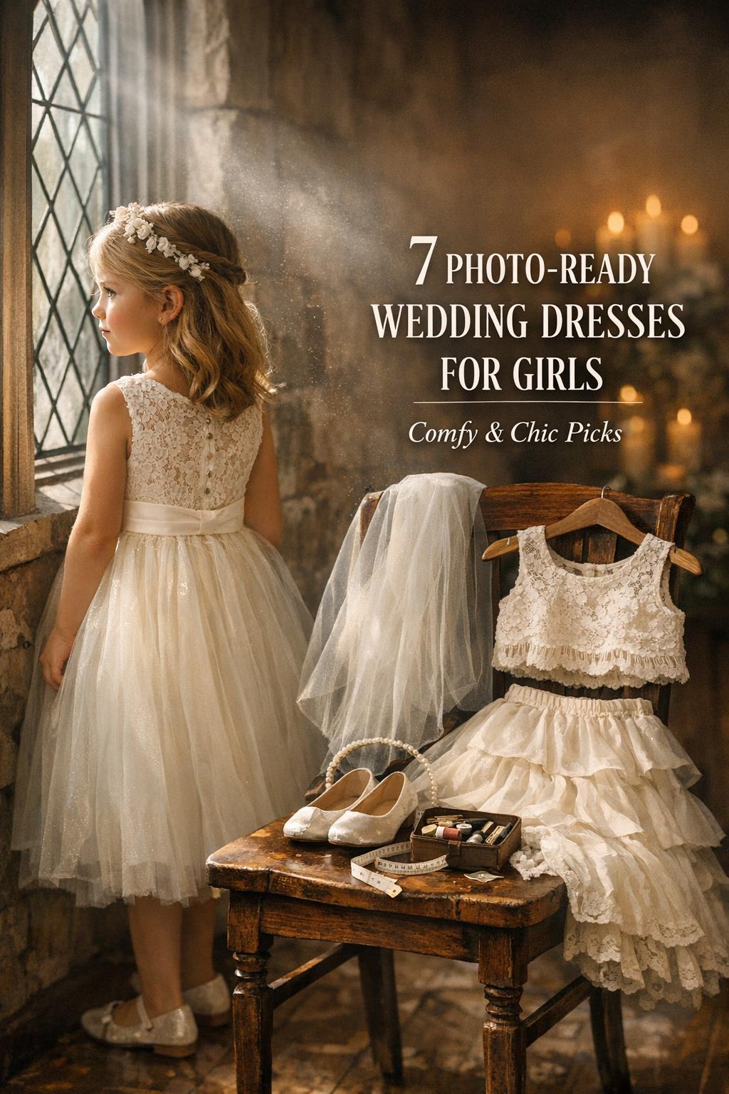 Wedding dresses for girls in a moody chapel prep scene, flower girl by window with ivory lace dress and accessories.