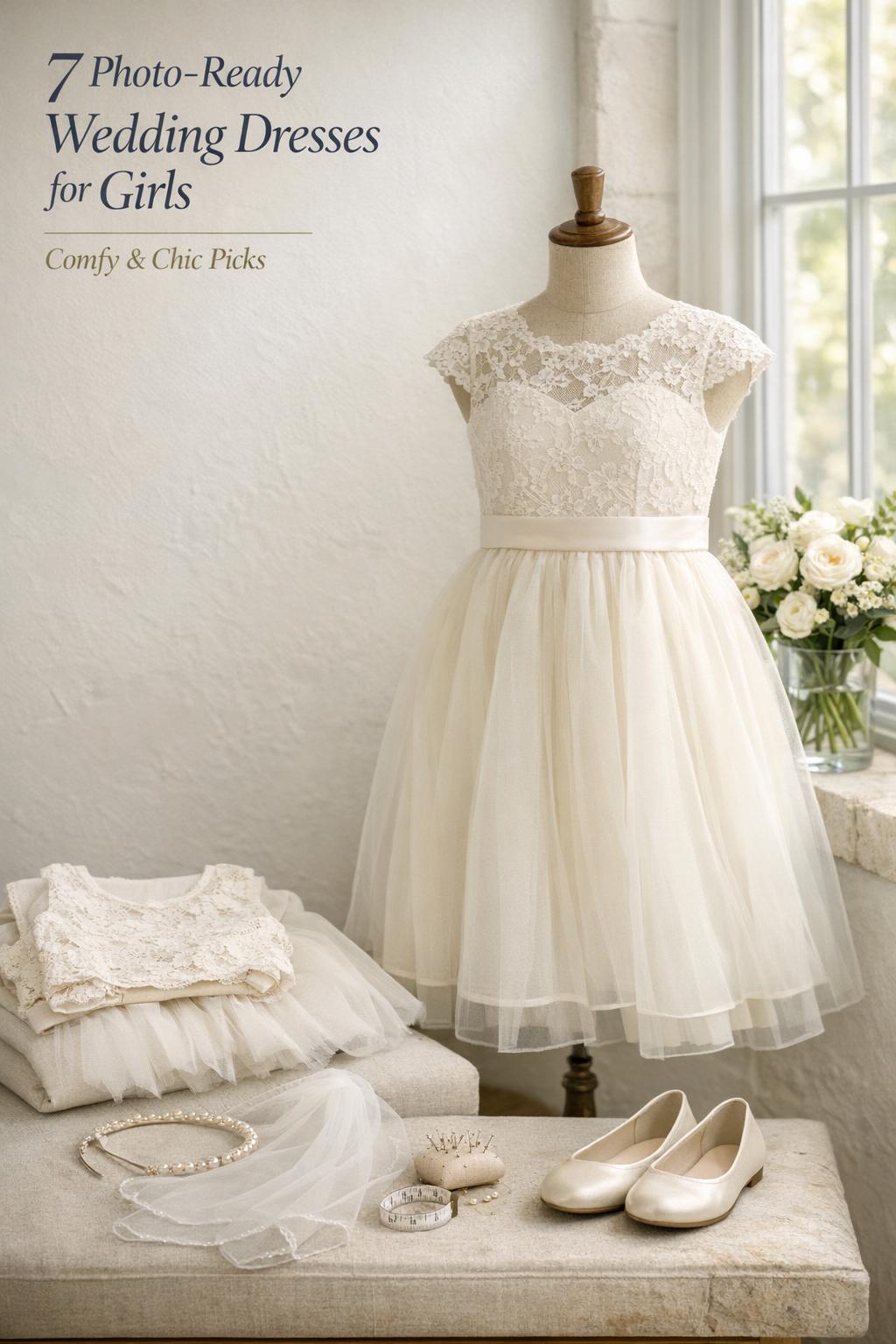 Wedding dresses for girls shown on mannequin by sunlit window with ivory lace bodice, tulle skirt, and bridal accessories