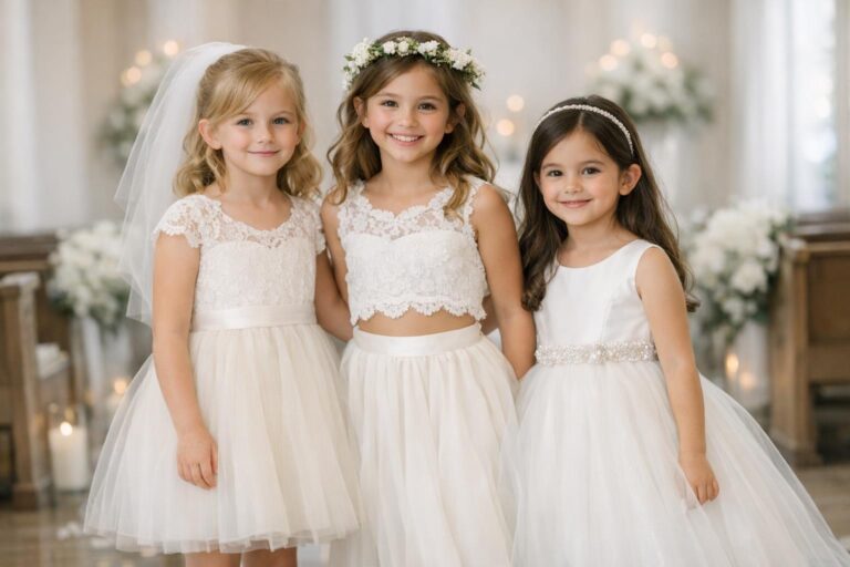 Wedding dresses for girls in ivory lace and tulle, a comfortable flower girl gown styled for a classic ceremony