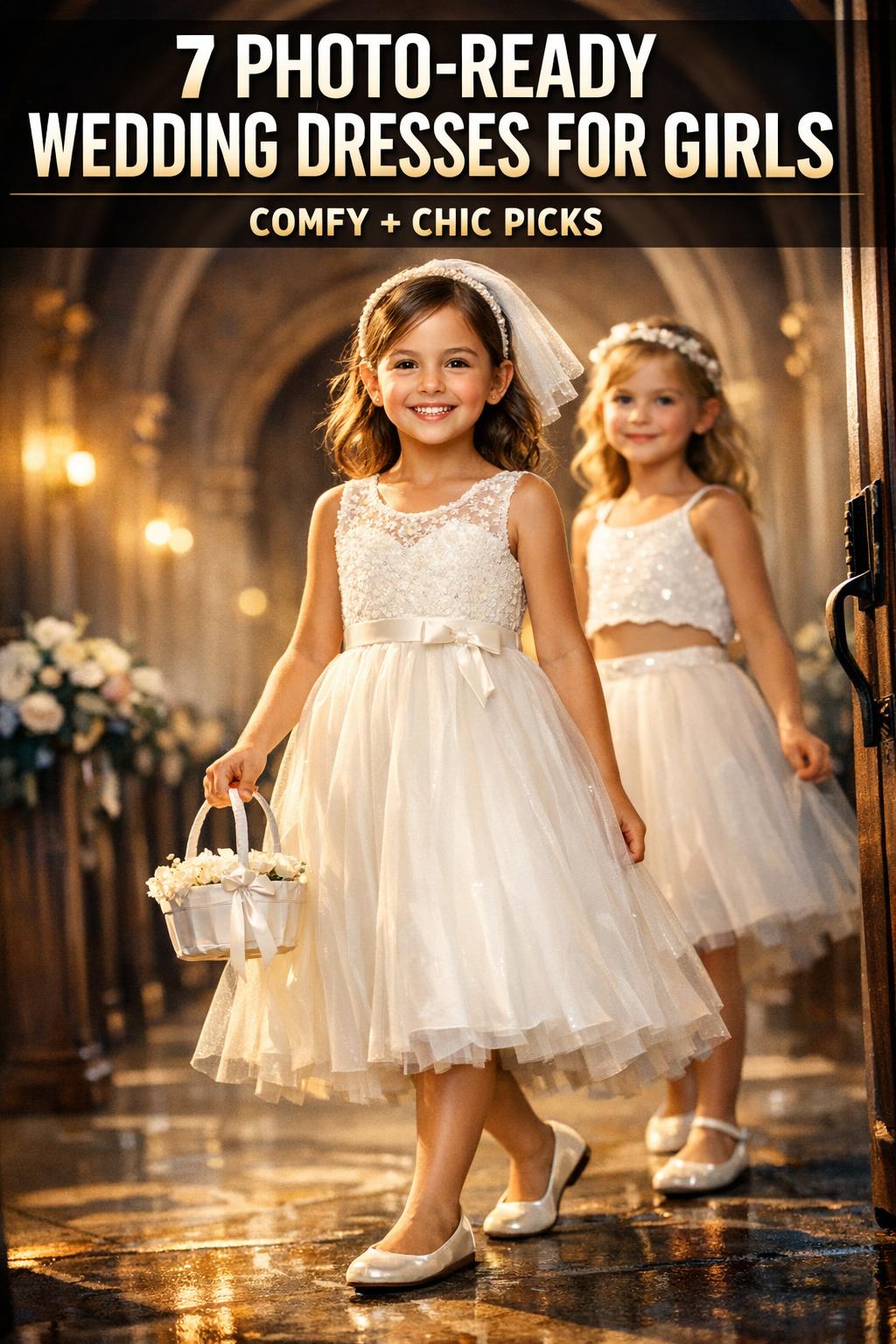 Wedding dresses for girls in elegant white lace with soft tulle skirts, perfect for a classic bridal party look