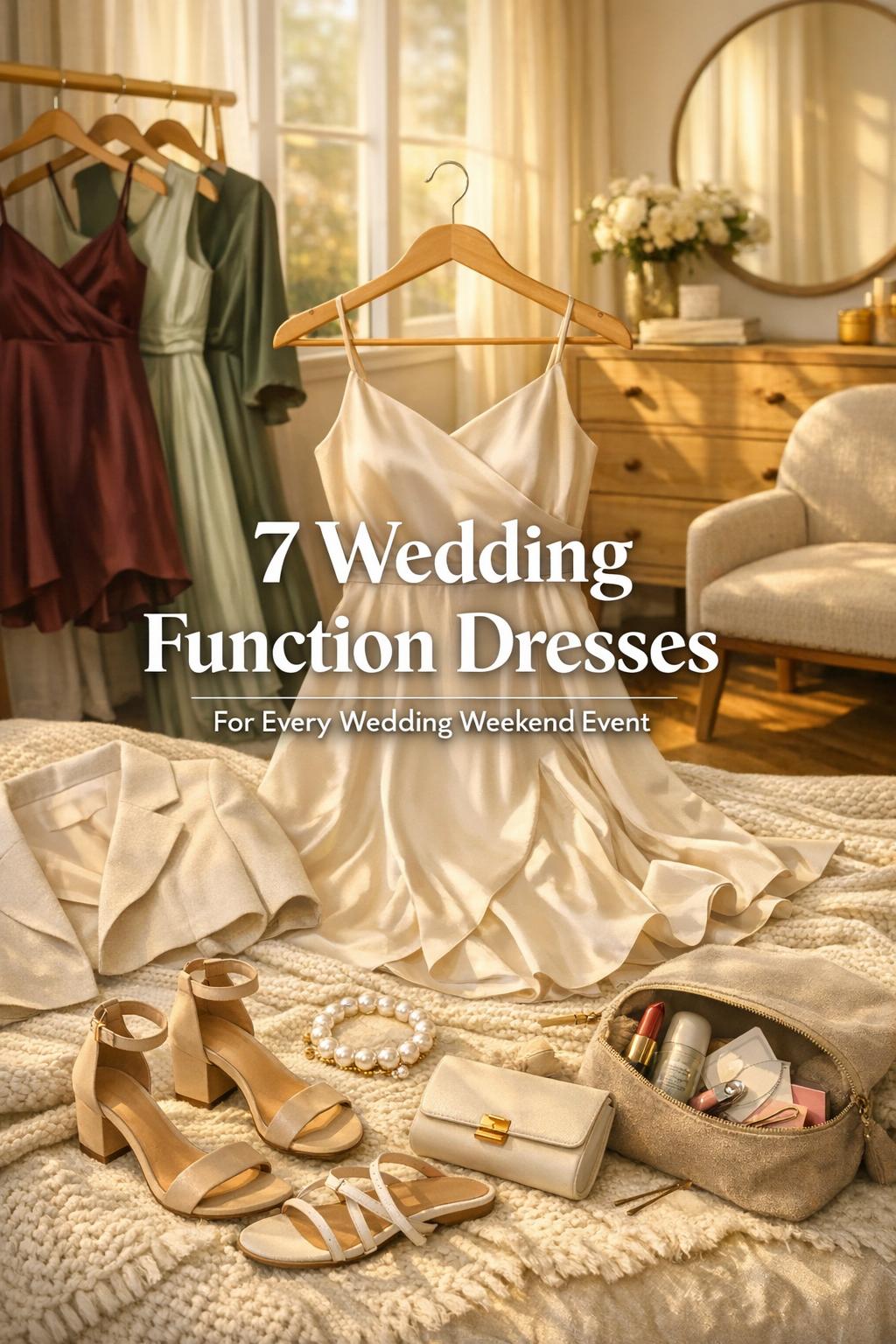 Wedding function dresses and accessories laid out in a sunlit bedroom, featuring midi, mini and maxi options with heels and clutch.