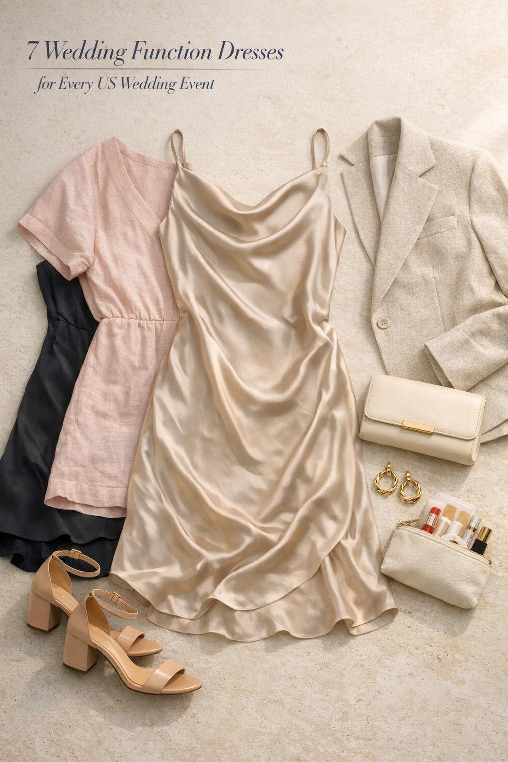 Wedding function dresses flat lay with neutral midi dress, accessories, and versatile day-to-night options on stone surface