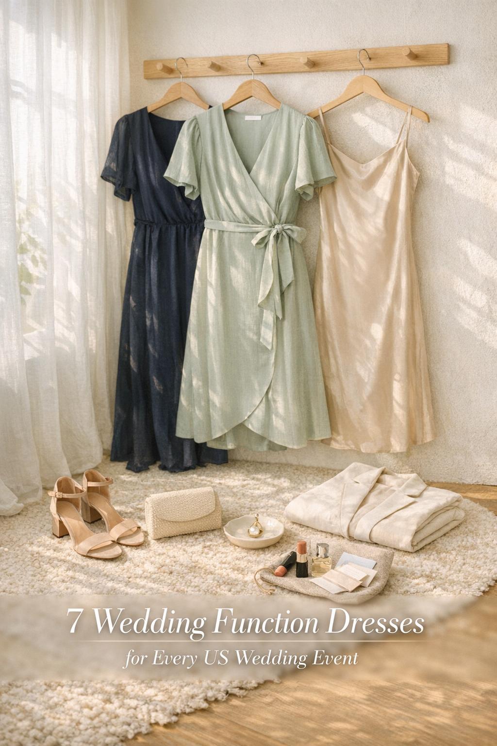 Wedding function dresses on a light oak rack in a bright airy bedroom, with heels, clutch, and accessories in morning light