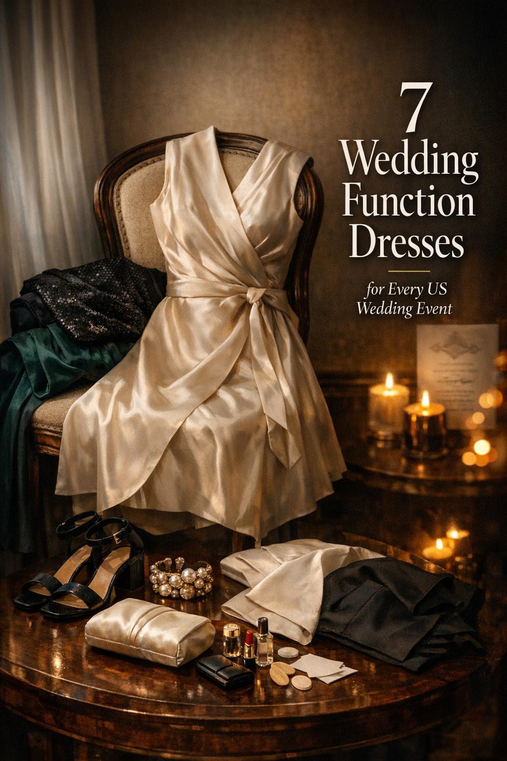 Moody hotel-suite flatlay of wedding function dresses with accessories and title text for a Pinterest cover
