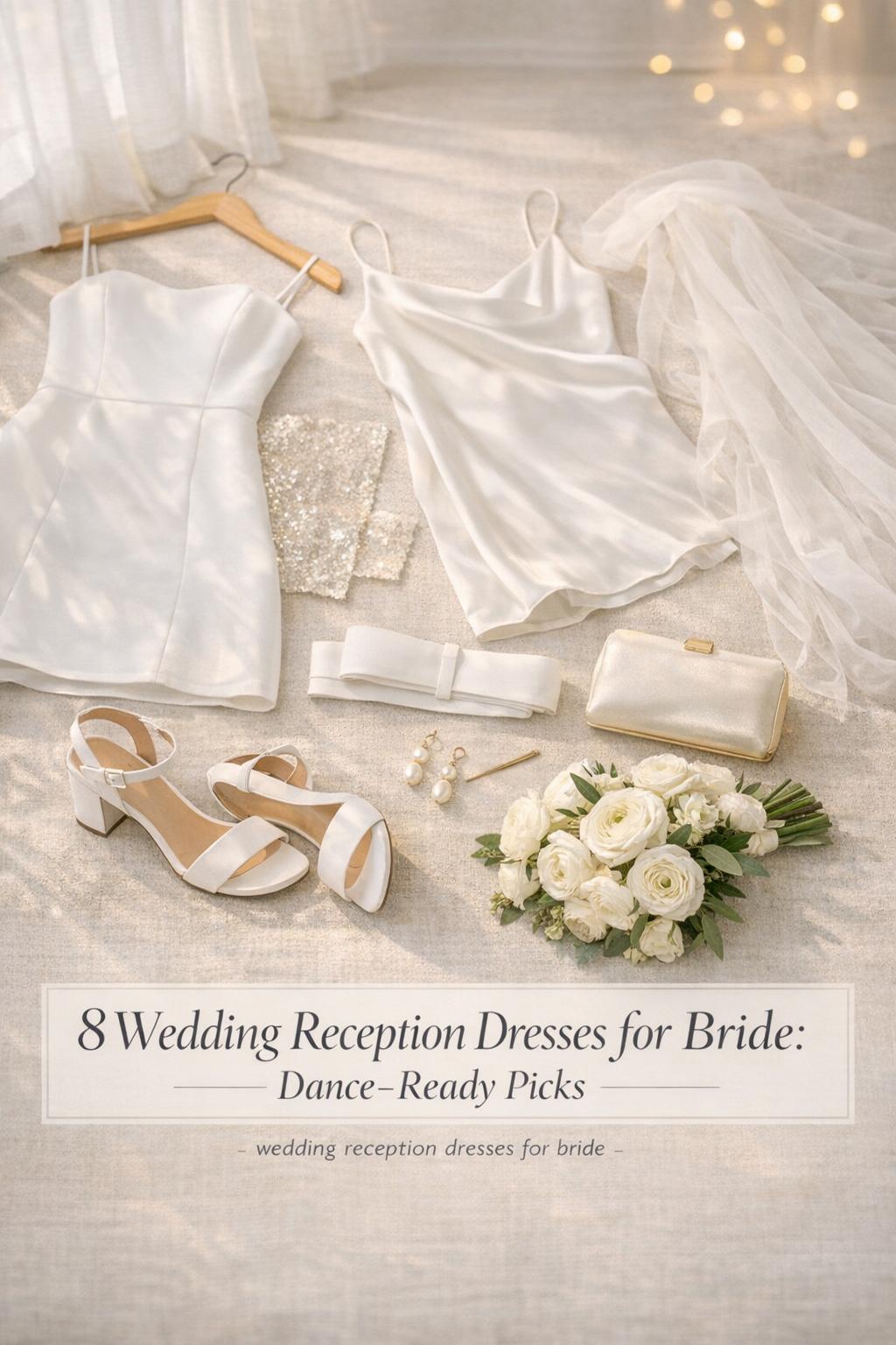 Flat lay of wedding reception dresses for bride with mini dress, satin slip, sandals, pearls, and bouquet in soft window light.