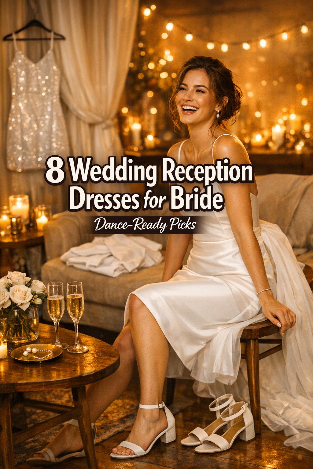 Wedding reception dresses for bride—bride laughing in a warm golden-hour lounge with second-look outfit options and candles.
