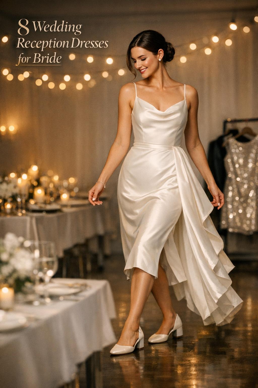 Bride dancing in ivory satin midi gown with overskirt under bokeh lights, wedding reception dresses for bride