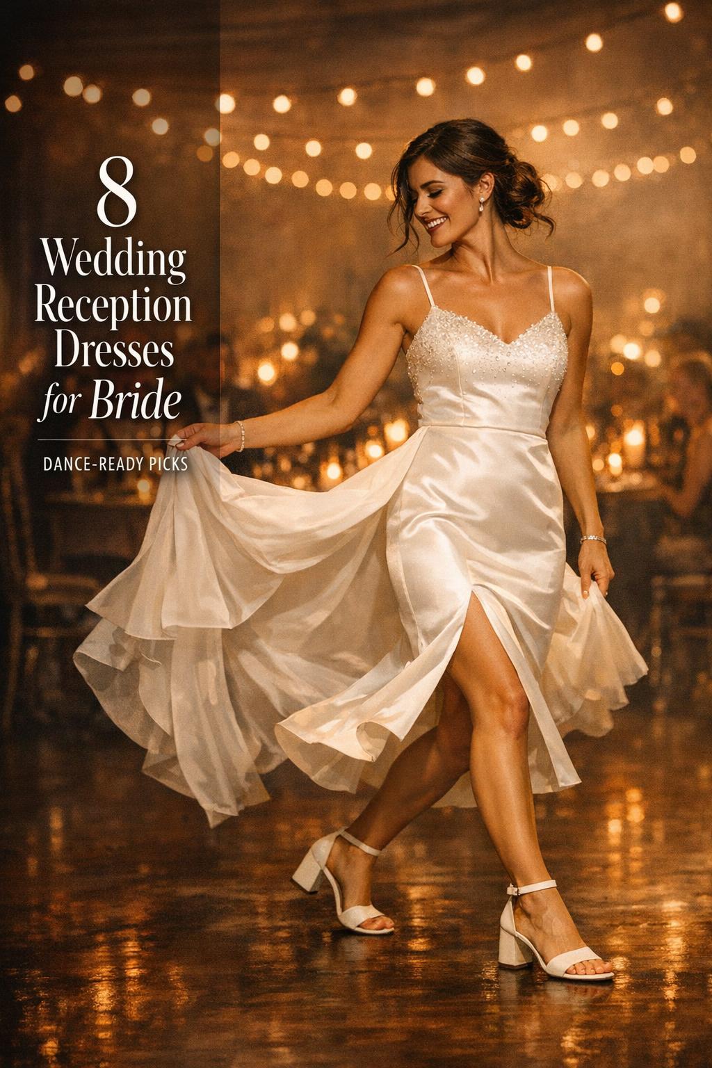 Bride twirling on a candlelit ballroom dance floor in satin midi look, wedding reception dresses for bride