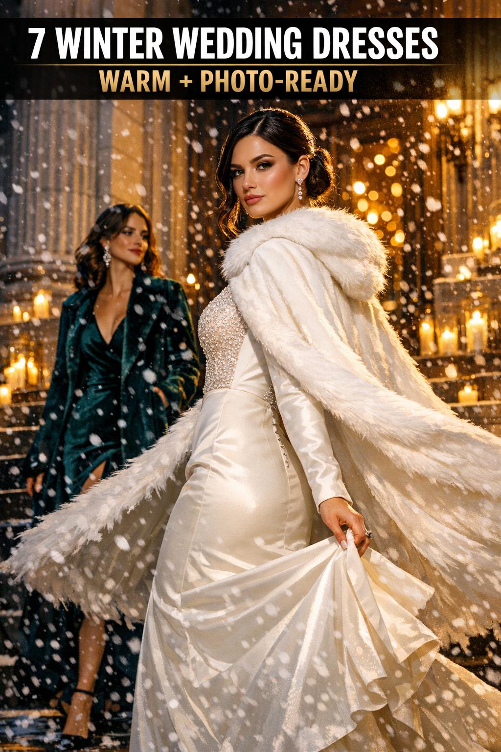 Winter wedding dresses displayed on elegant mannequins in a boutique showroom with soft natural light