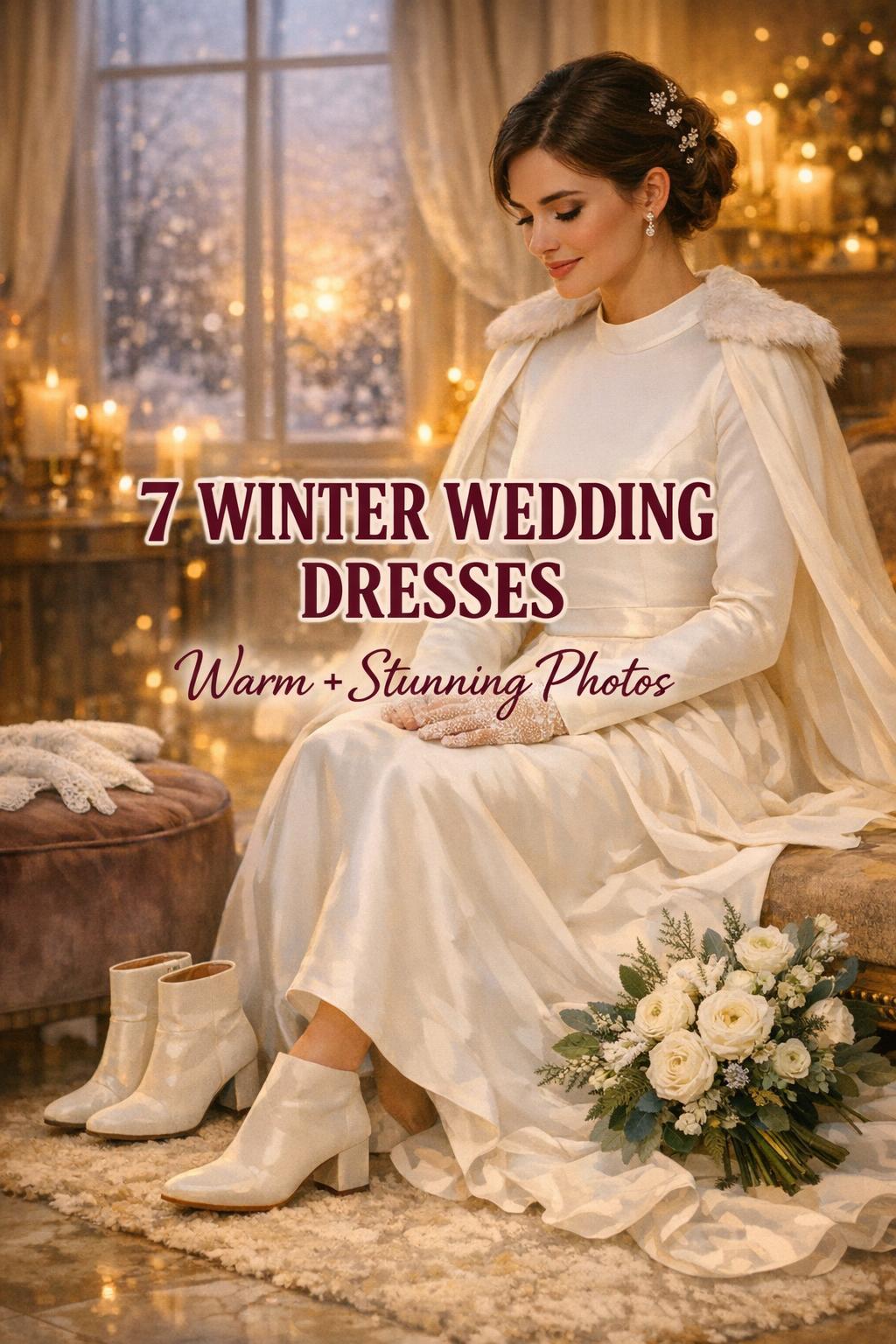 Bride in candlelit ballroom lounge by frosted windows showcasing winter wedding dresses with cozy cape and bouquet
