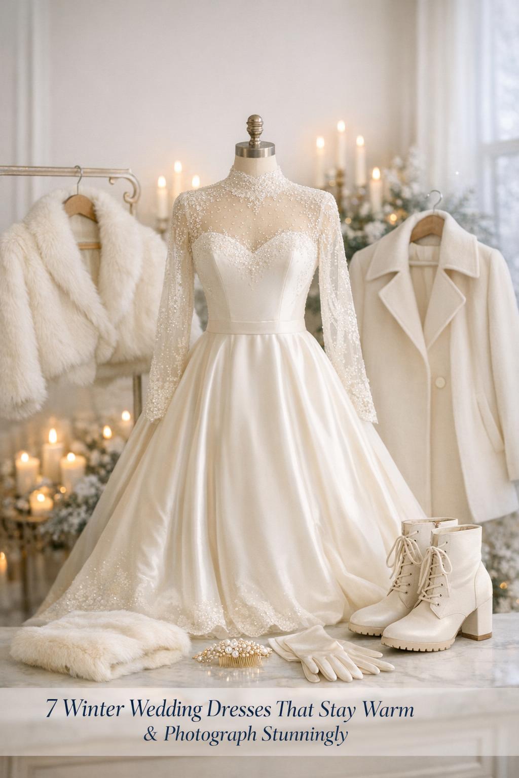 Winter wedding dresses display with ivory long-sleeve gown, faux-fur wrap, candlelit bridal suite, text overlay