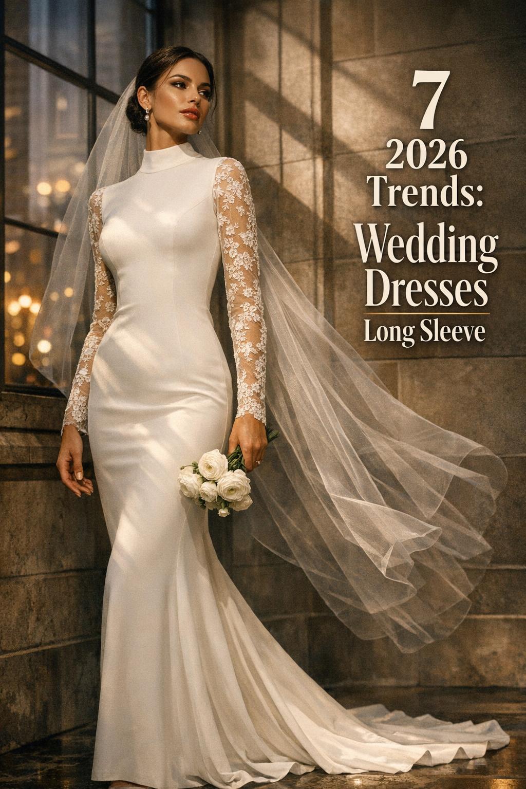 Bride in chic city hall entryway wearing wedding dresses long sleeve, minimalist ivory crepe gown with illusion lace sleeves at dusk