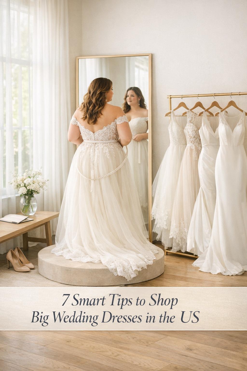 Plus-size bride in airy boutique mirror fitting with gown rack, shopping big wedding dresses with measuring tape