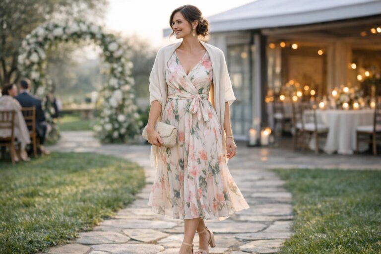 April wedding guest dress in pastel chiffon with light wrap layer, perfect for breezy spring ceremony and cool night reception