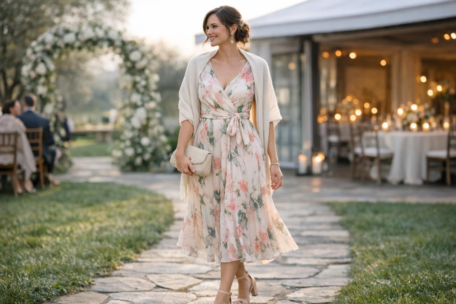 April wedding guest dress in pastel chiffon with light wrap layer, perfect for breezy spring ceremony and cool night reception