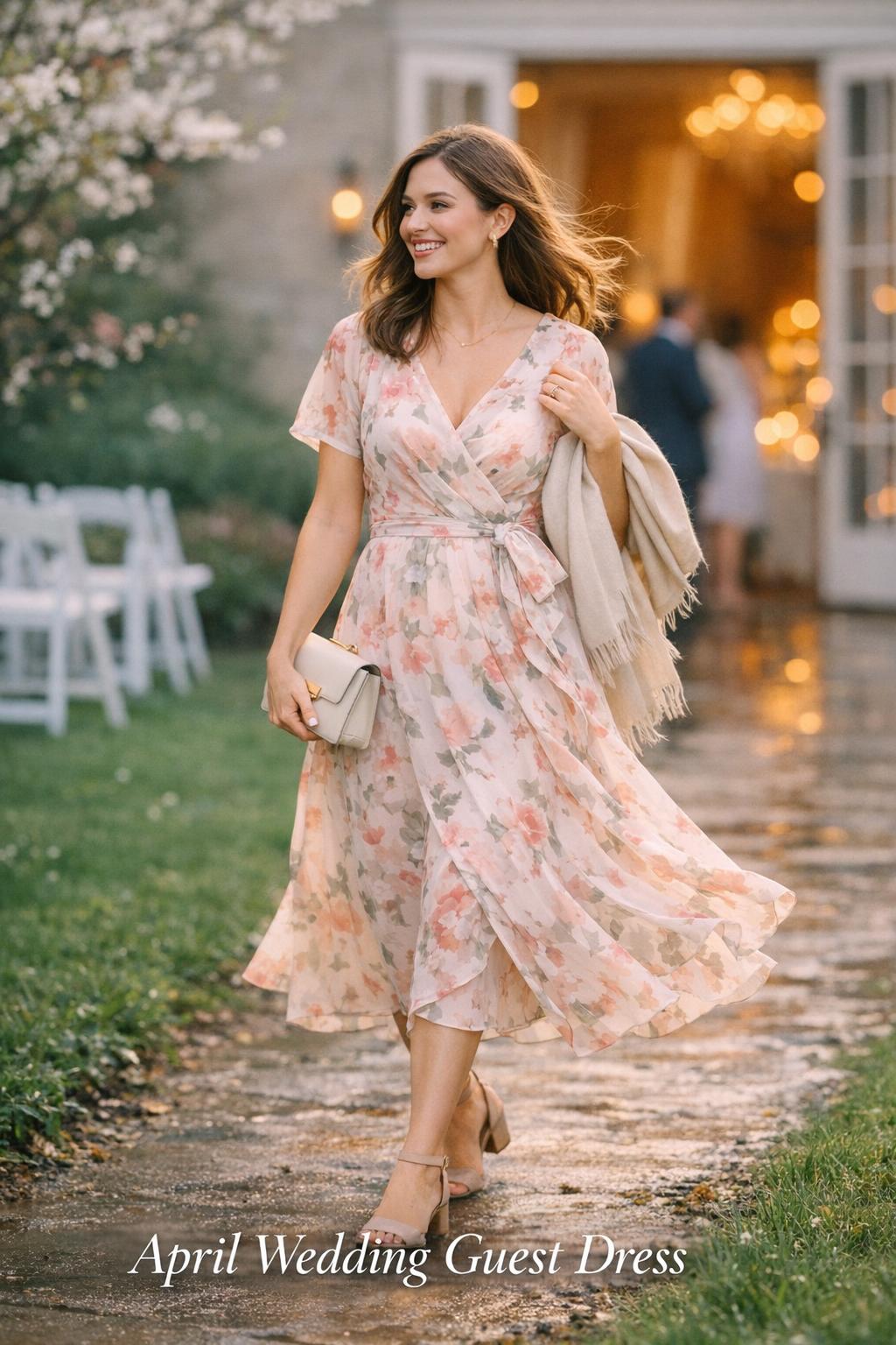 Woman in pastel floral wrap dress walking at spring wedding venue with text overlay: april wedding guest dress