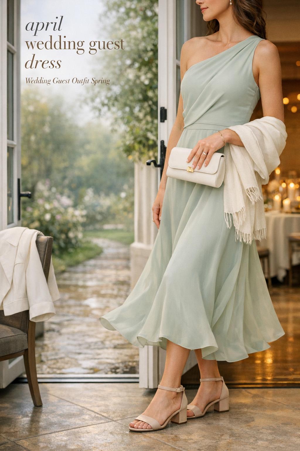 April wedding guest dress in pastel chiffon with wrap and block heels by French doors, spring garden and candlelit venue