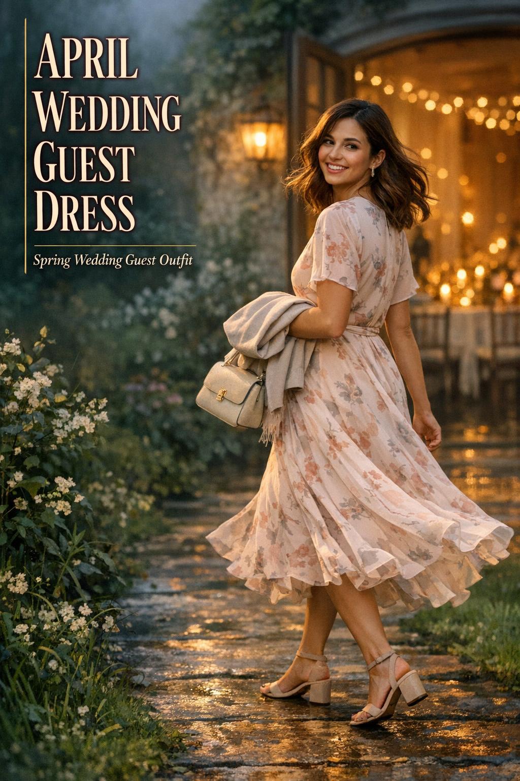 Woman in pastel blush april wedding guest dress walking a damp garden path at dusk beside a glowing ballroom doorway