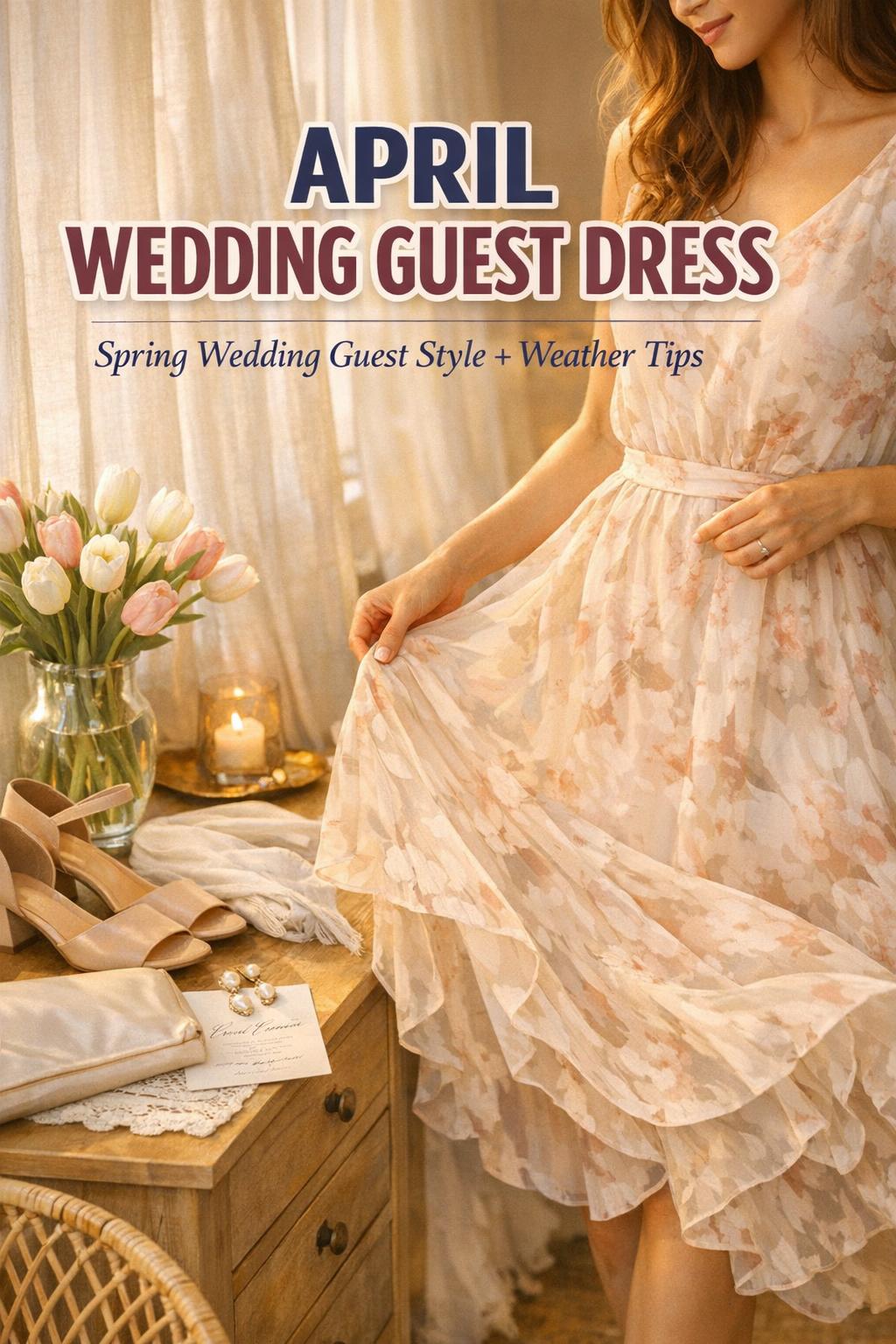 April wedding guest dress in a sunlit bedroom, woman adjusting a flowing pastel floral chiffon midi dress near a window