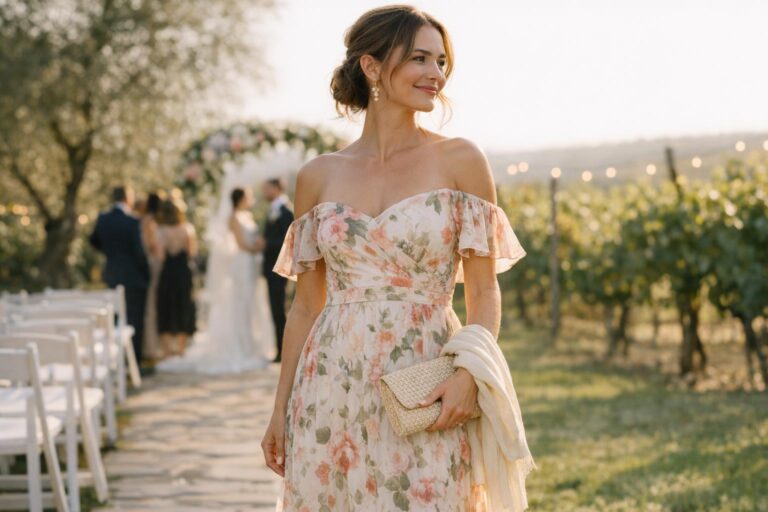 August wedding guest dress in a breezy floral midi with heels, photographed outdoors in warm summer light