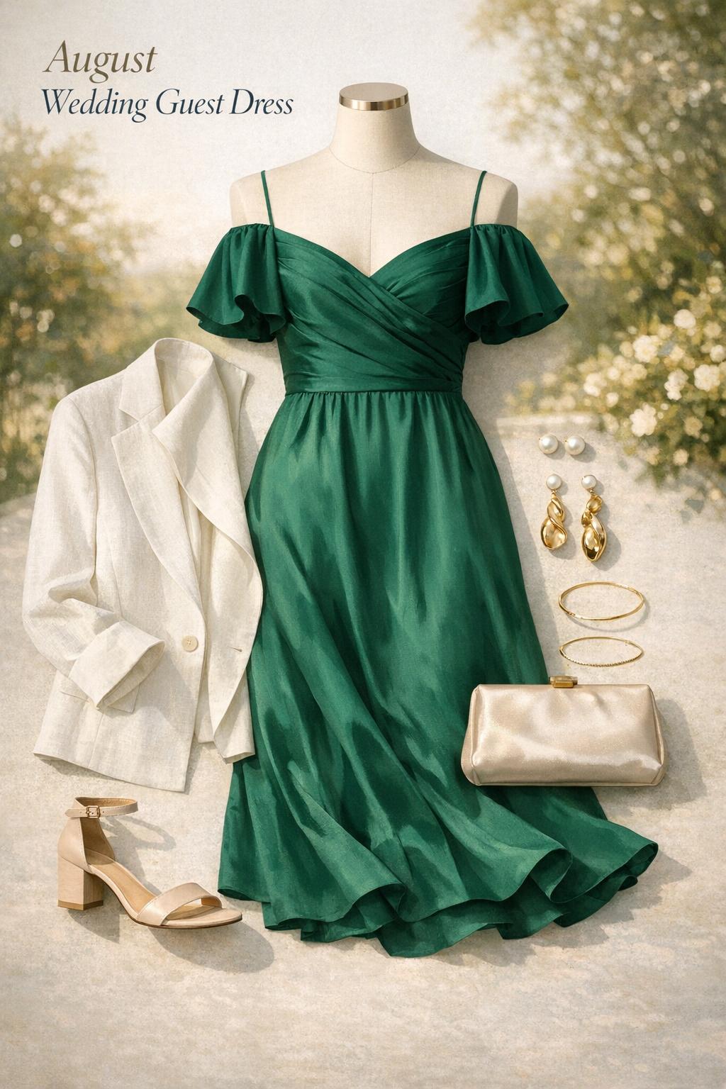 August wedding guest dress flat lay with floral midi dress, block-heel sandals, clutch, and gold jewelry in garden light