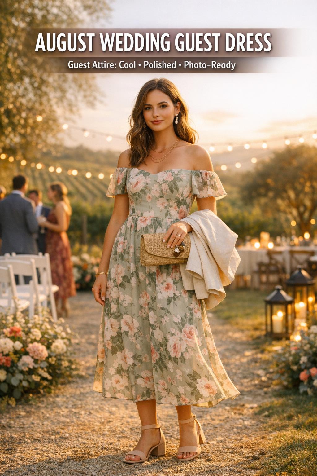 August wedding guest dress in a golden-hour vineyard garden wedding scene with elegant accessories and soft bokeh lights