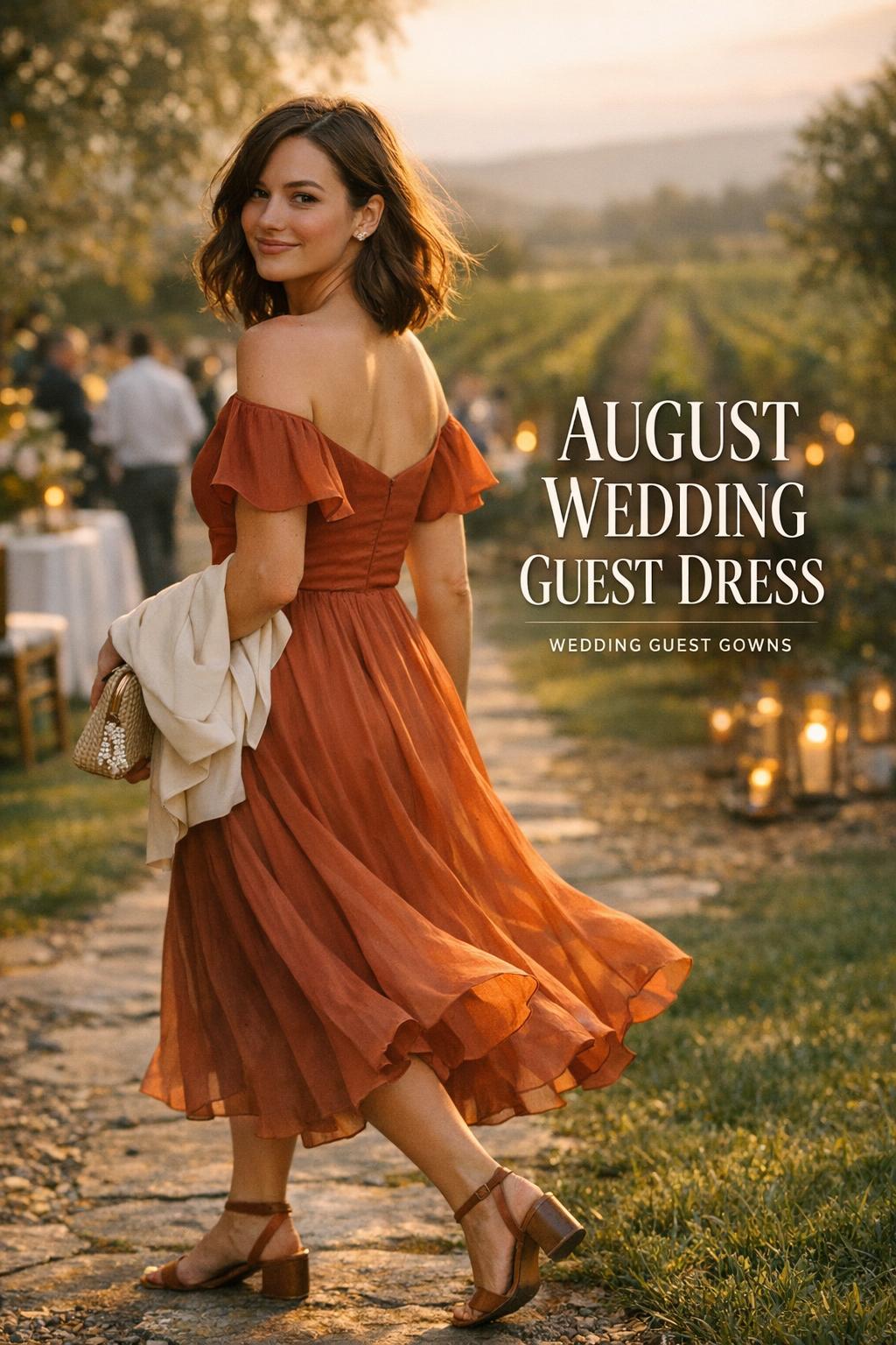 Stylish guest in an august wedding guest dress walking a golden-hour garden aisle beside a vineyard, holding statement earrings.