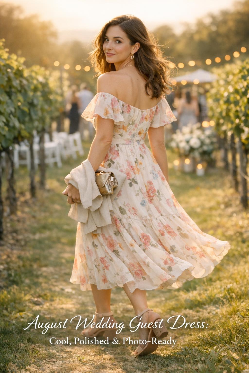 Stylish woman walking a vineyard path at golden hour wearing an august wedding guest dress with floral print and clutch