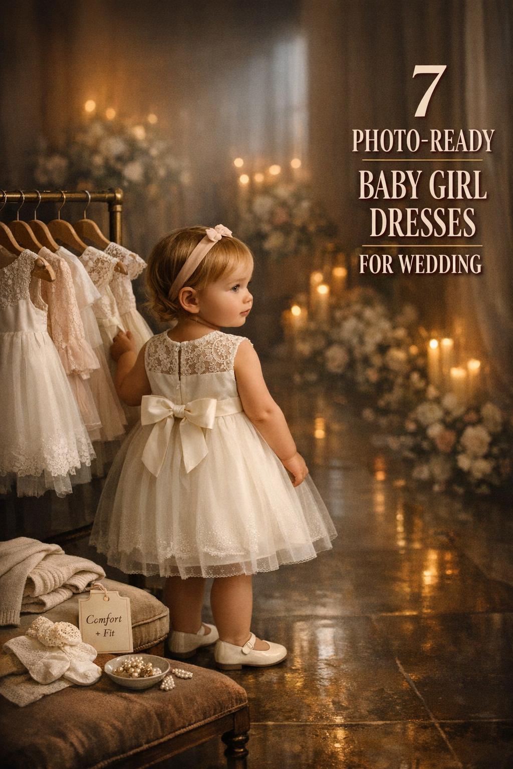 Baby girl dresses for wedding display in a bridal boutique, toddler in ivory tulle dress beside ceremony dress rack