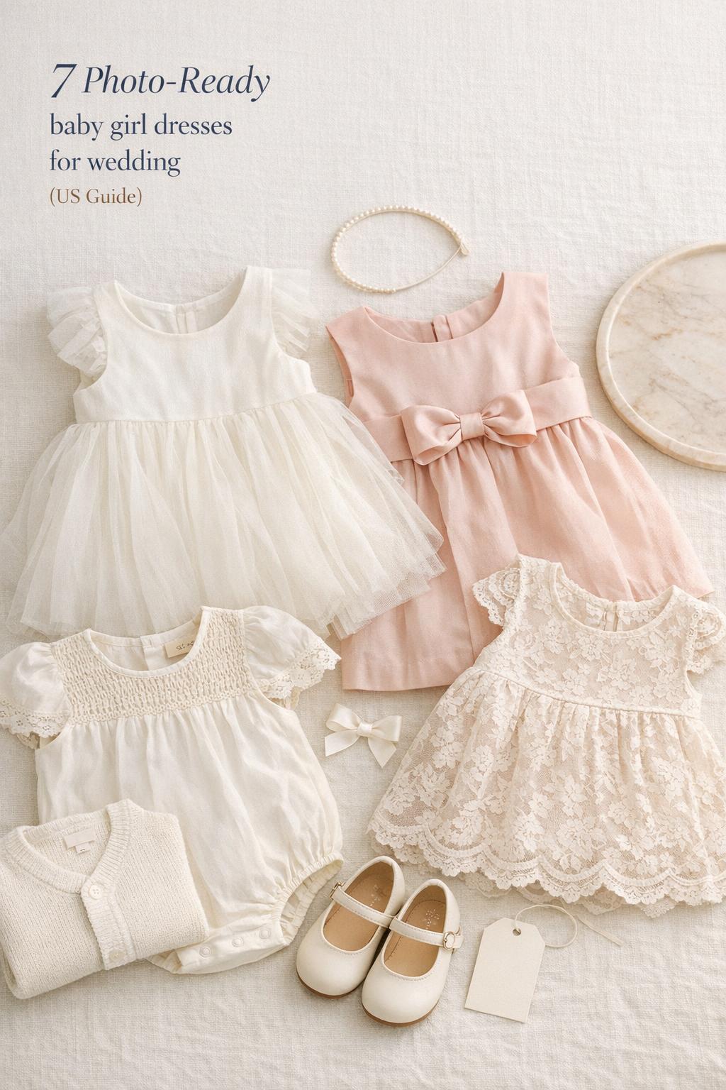 Baby girl dresses for wedding flat lay with ivory, blush and lace outfits, headband, Mary Janes on linen backdrop