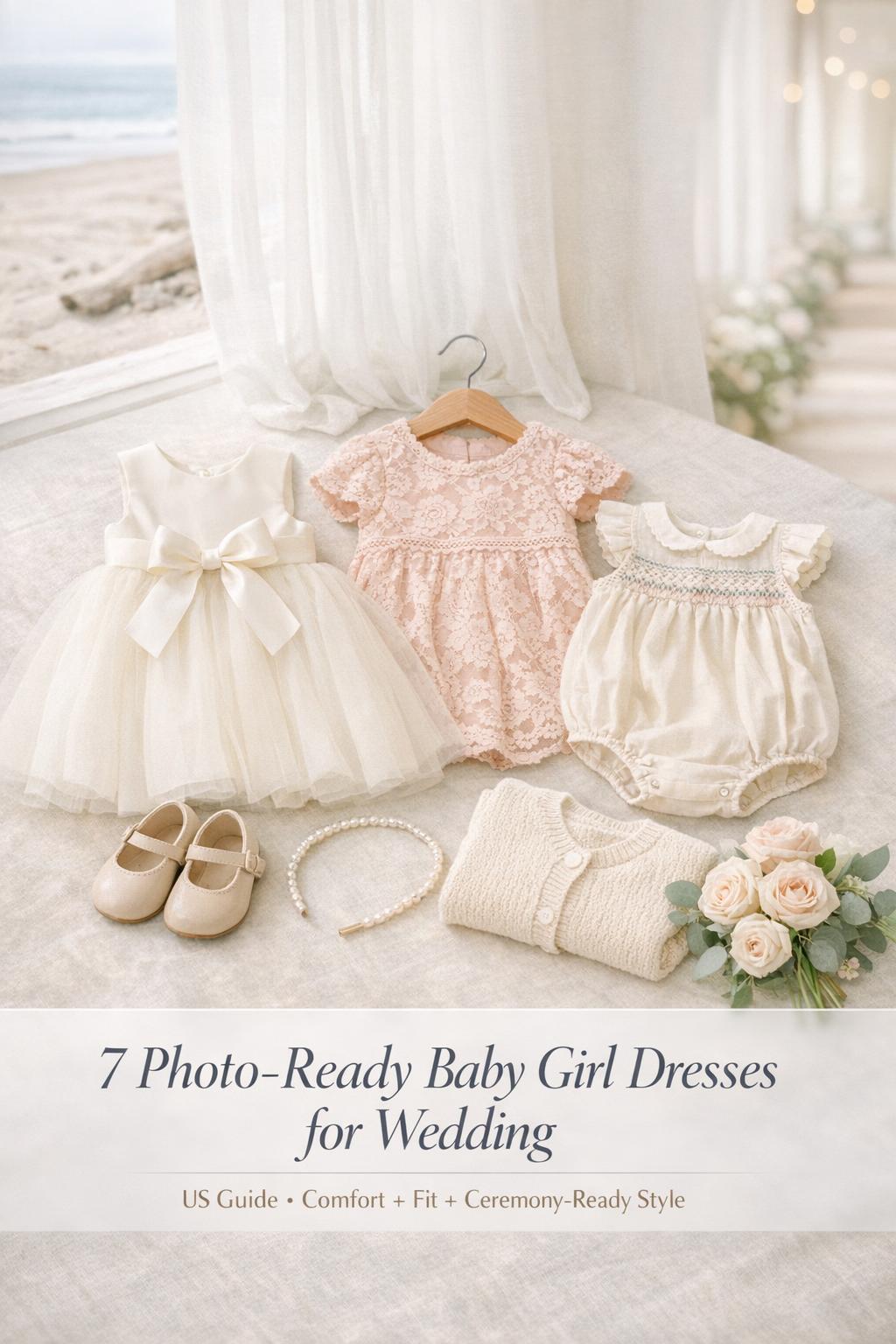Baby girl dresses for wedding flat lay with ivory tulle dress, blush lace outfit, romper, shoes, pearl headband and roses
