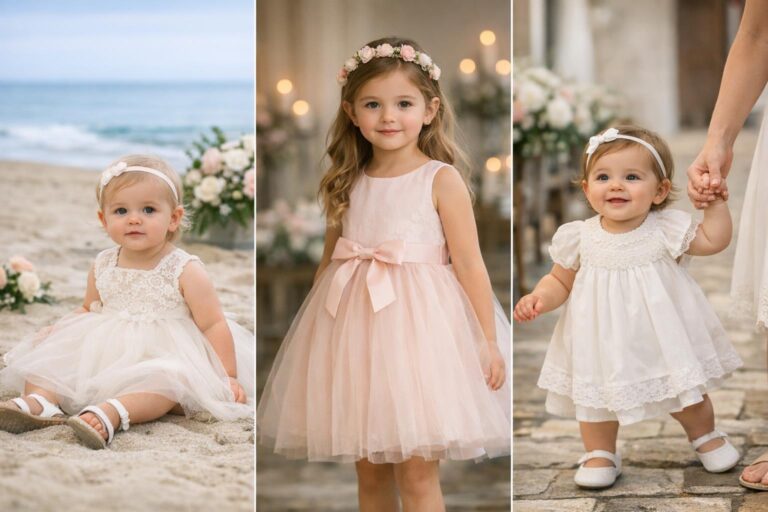 Baby girl dresses for wedding in ivory and blush, featuring lace bodice and soft tulle skirt for a photo-ready look