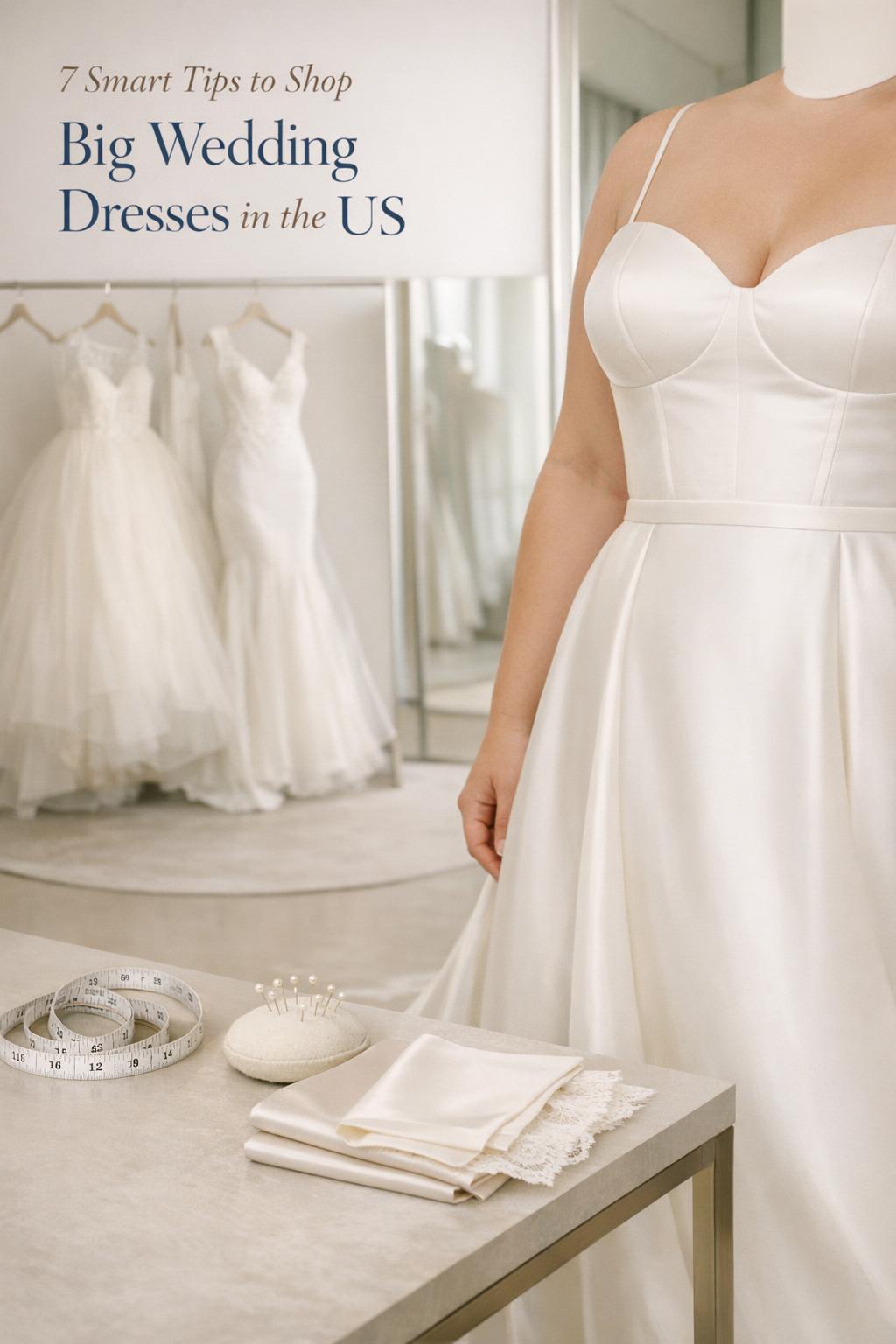 Minimalist bridal boutique photo of plus-size satin A-line gown with measuring tape, guide to big wedding dresses